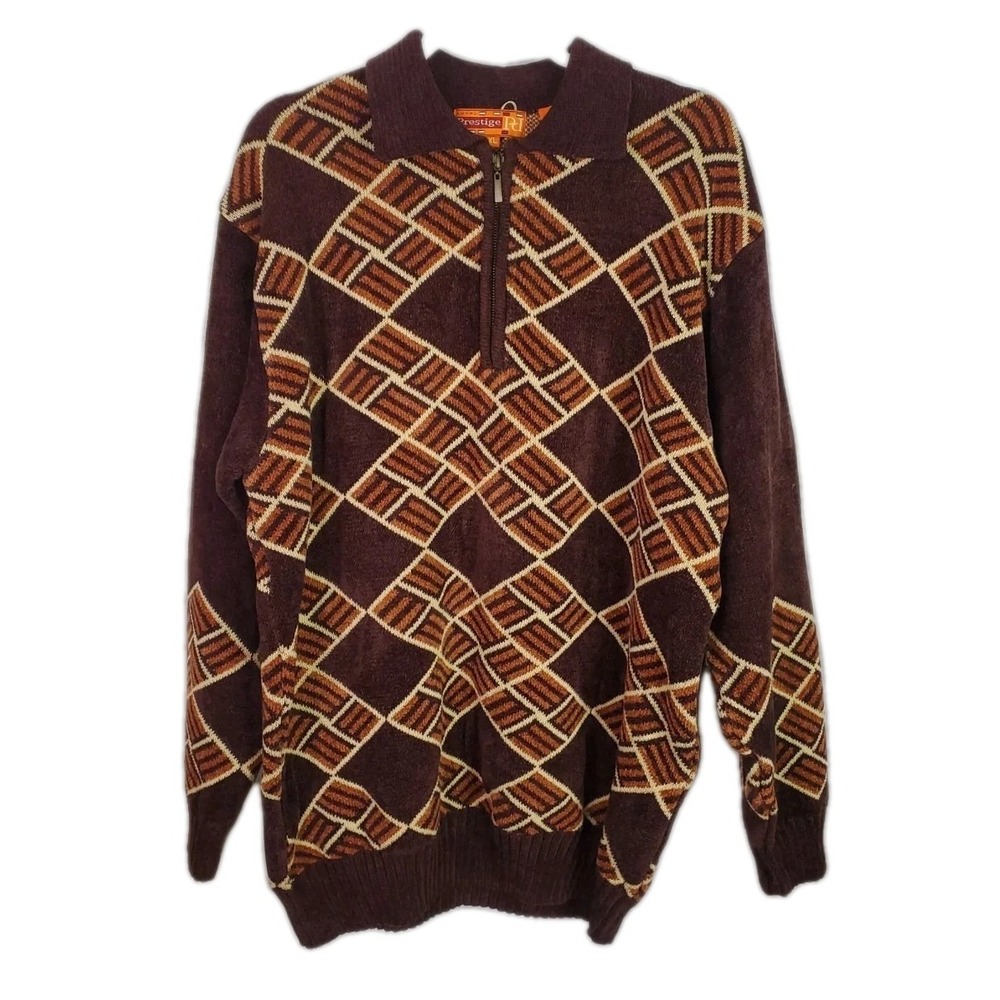 Vtg Royal Prestige 1/4 Zip Mens Sweater 2XL XXL Brown Abstract Coogi Biggie